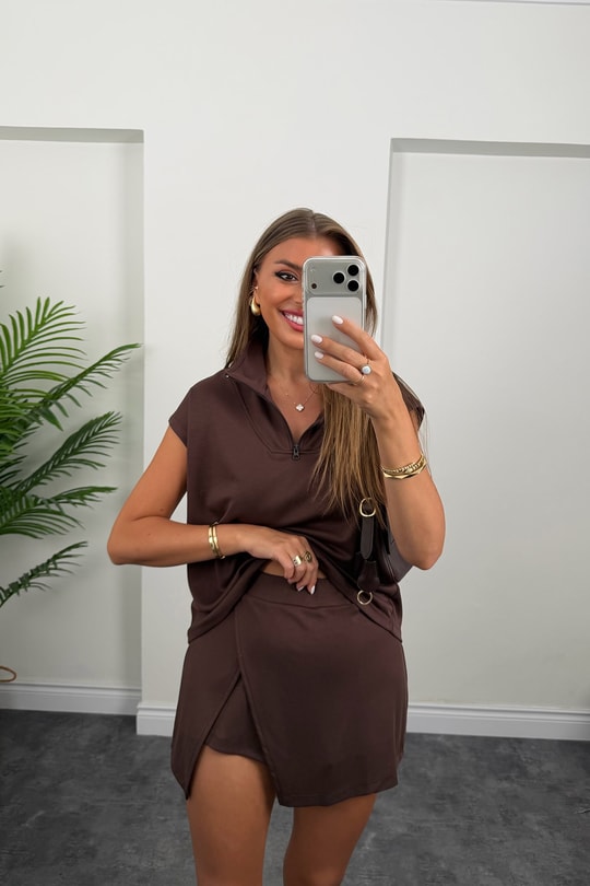 Oyhs Kumaş Şort Etek Bluz Likralı Takım Kahverengi 