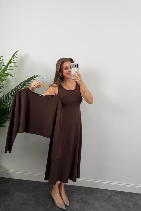 Oysh Kumaş Elbise Bluz Likralı Takım Acı Kahve