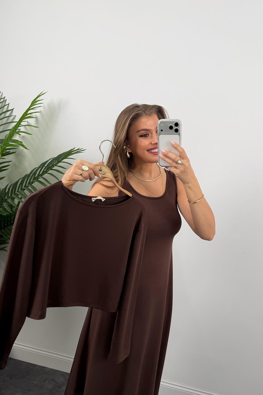 Oysh Kumaş Elbise Bluz Likralı Takım Acı Kahve