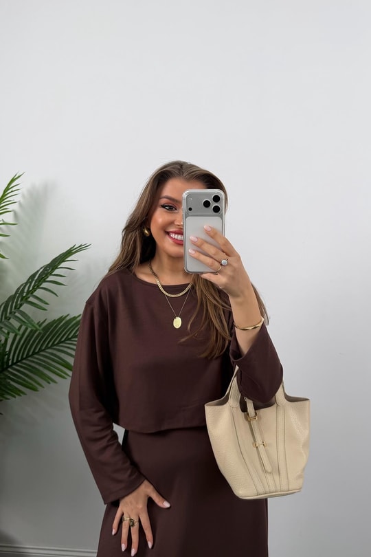 Oysh Kumaş Elbise Bluz Likralı Takım Acı Kahve