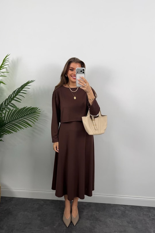 Oysh Kumaş Elbise Bluz Likralı Takım Acı Kahve