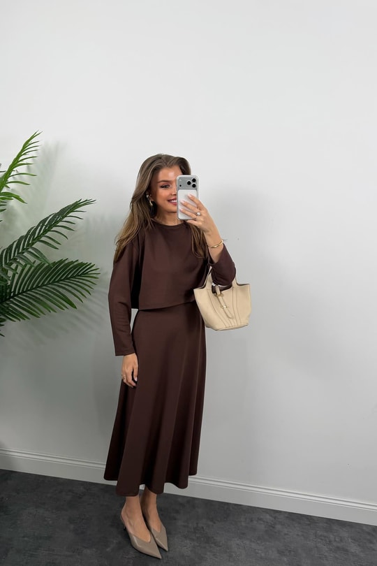 Oysh Kumaş Elbise Bluz Likralı Takım Acı Kahve
