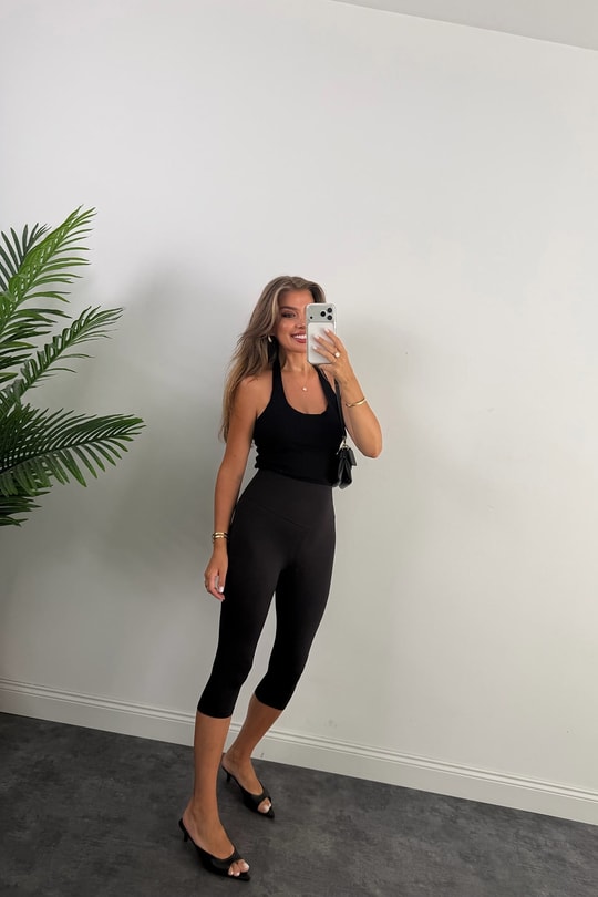 Oysh Kumaş Likralı Yüksek Bel Capri Tayt Siyah