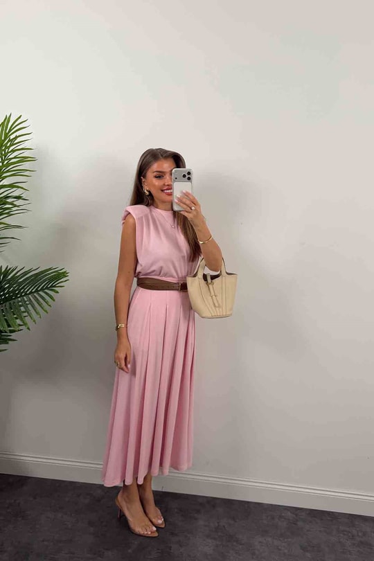 Oysh Kumaş Vatkalı Etek Bluz Takım Pembe