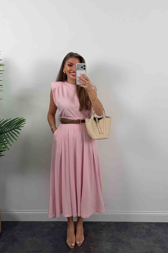 Oysh Kumaş Vatkalı Etek Bluz Takım Pembe