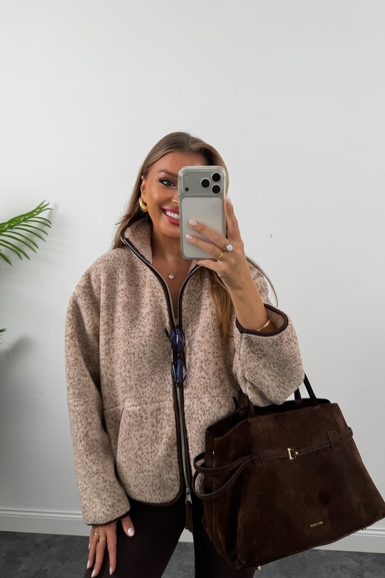 Oysh Model Polar Ceket Bej Çimçimli Kahve Biyeli