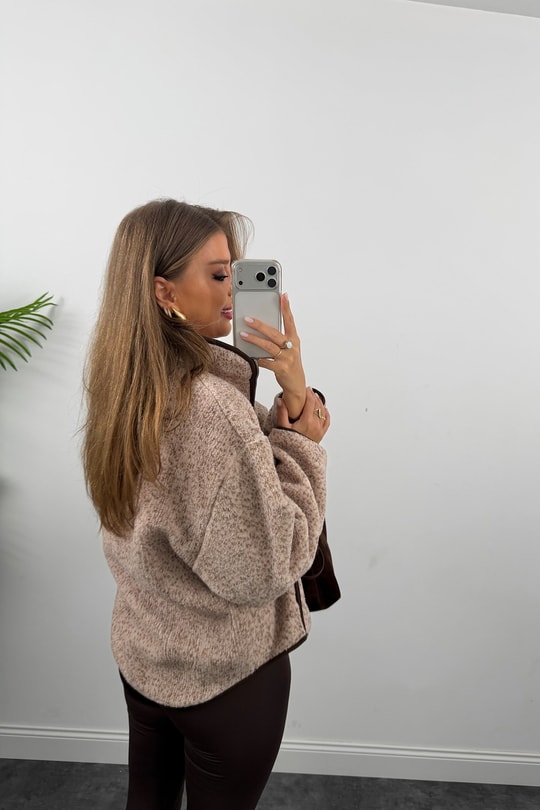 Oysh Model Polar Ceket Bej Çimçimli Kahve Biyeli