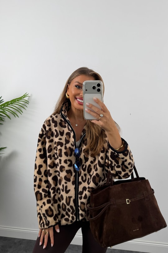 Oysh Model Polar Ceket Bej Kahve Leopar