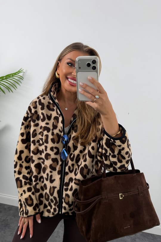 Oysh Model Polar Ceket Bej Kahve Leopar
