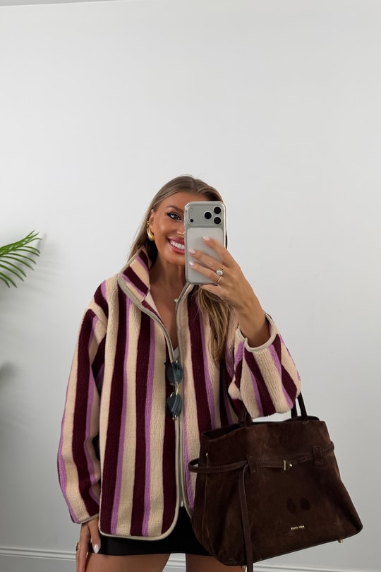 Oysh Model Polar Ceket Bordo Pembe Çizgili