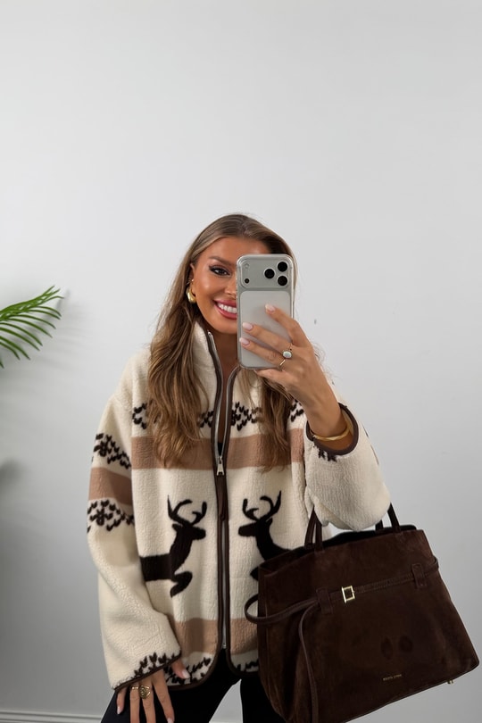 Oysh Model Polar Ceket Çift Geyikli Kahve Krem