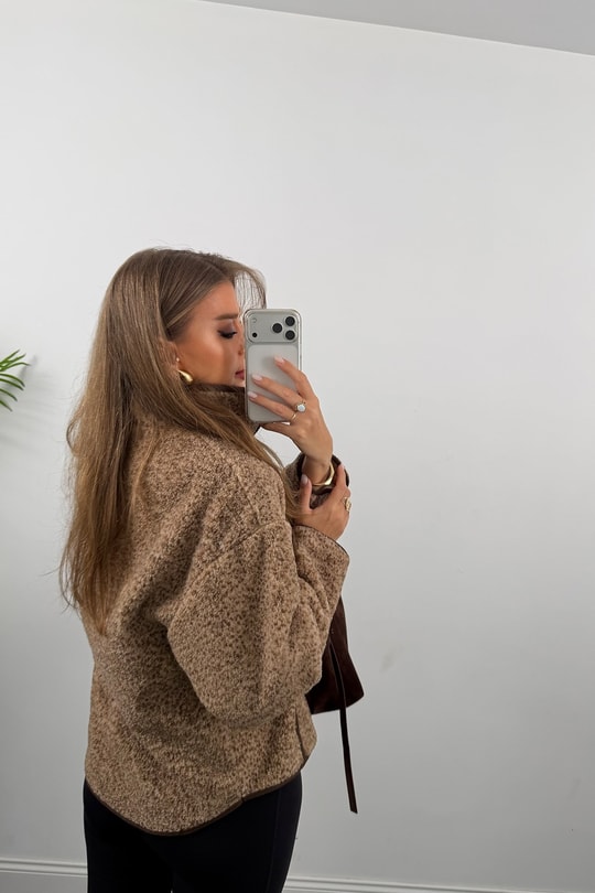 Oysh Model Polar Ceket Düz Renk Çim Çimli Kahve Biyeli Latte