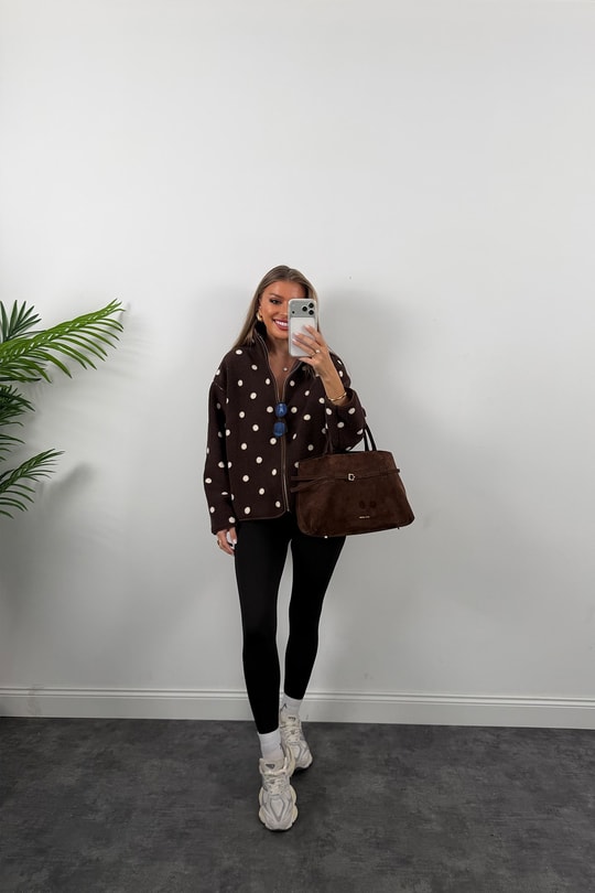 Oysh Model Polar Ceket Kahve Krem Puantiyeli