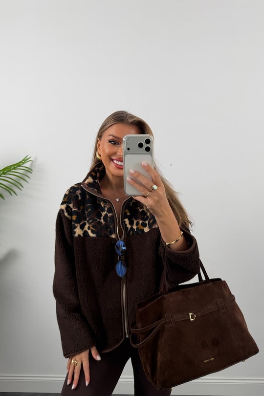 Oysh Model Polar Ceket Kahve Omuzları Leopar