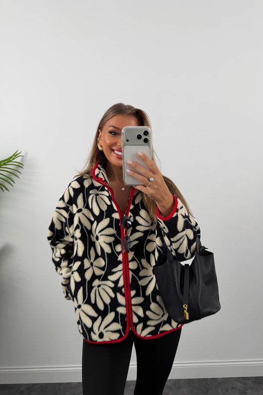 Oysh Model Polar Ceket Kırmızı Biyeli Siyah Krem Çiçek