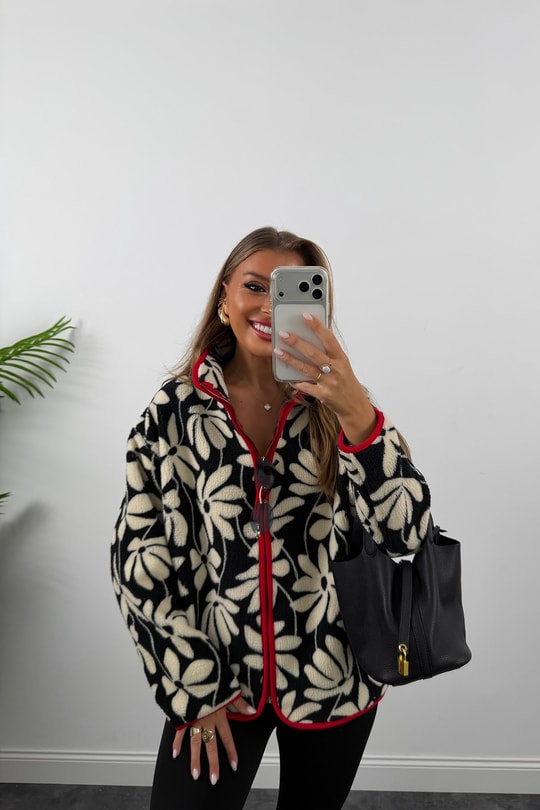 Oysh Model Polar Ceket Kırmızı Biyeli Siyah Krem Çiçek
