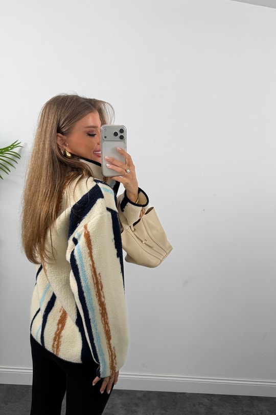 Oysh Model Polar Ceket Lacivert Camel Çizgili
