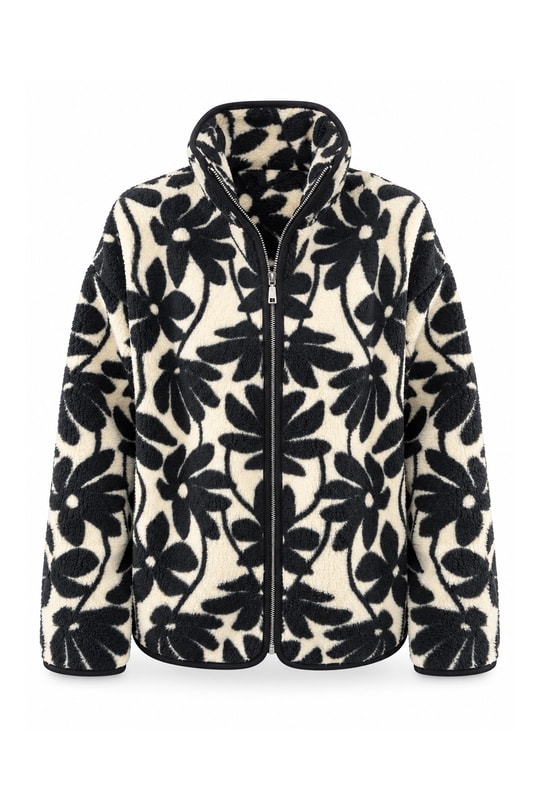 Oysh Model Polar Ceket Siyah Krem Çiçekli