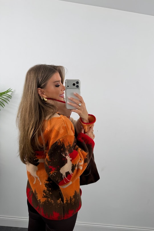Oysh Model Polar Ceket Turuncu Bej Geyikli