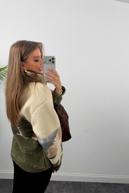 Oysh Model Polar Ceket Yeşil Krem Çift Geyikli
