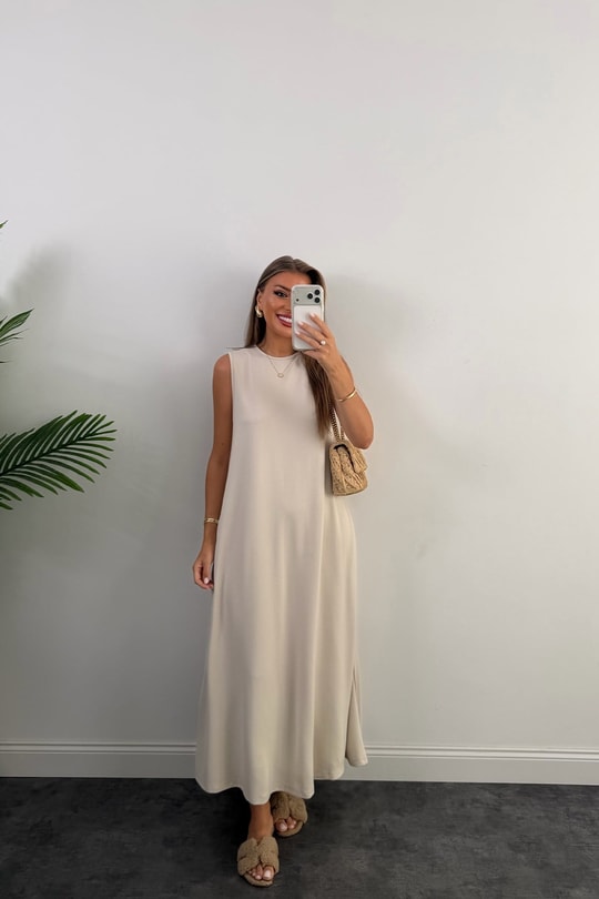 Oysh Pike Kumaş Dökümlü Basic Salaş Elbise Taş 
