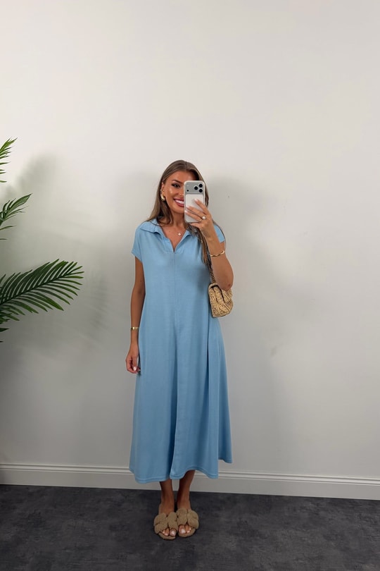 Oysh Pike Kumaş Polo Yaka Basic Salaş Elbise Mavi