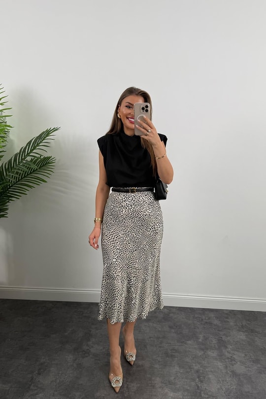 Özel Kumaş Verev Kesim İçi Viskon Dışı Pamuk Saten Midi Boy Etek  Siyah Krem Leopar
