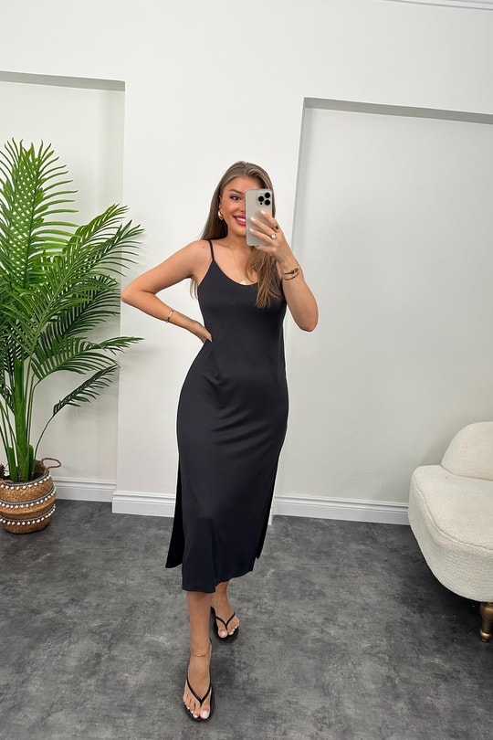 Özel Seri Dokuma Oysho Kumaş Midi Boy Yırtmaçlı Basic Elbise