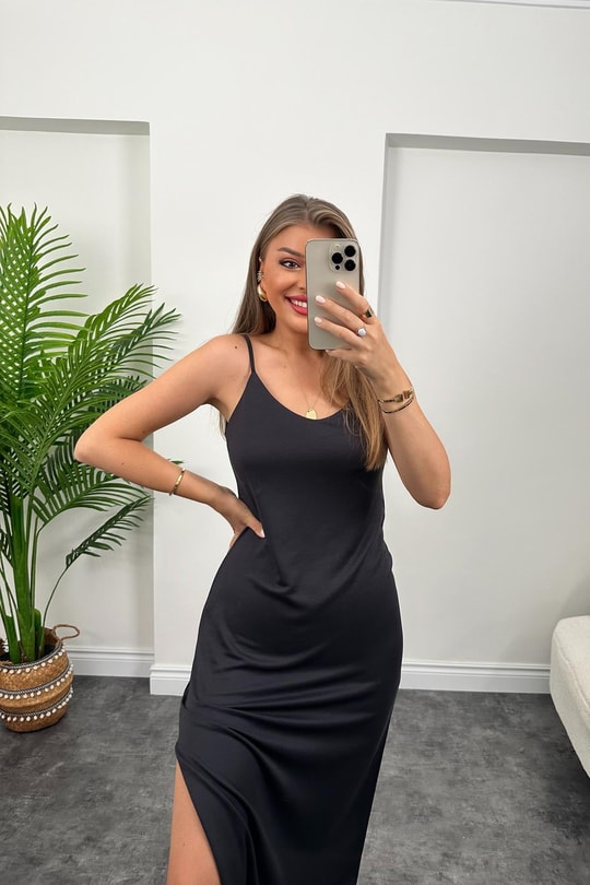 Özel Seri Dokuma Oysho Kumaş Midi Boy Yırtmaçlı Basic Elbise