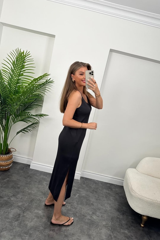 Özel Seri Dokuma Oysho Kumaş Midi Boy Yırtmaçlı Basic Elbise