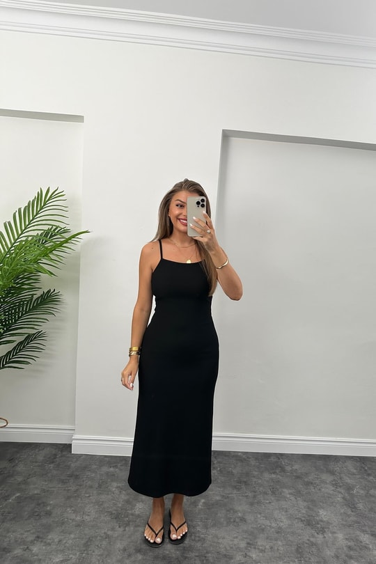 Özel Seri Ottoman Kumaş İp Askılı  Likralı Basic Maxi Elbise
