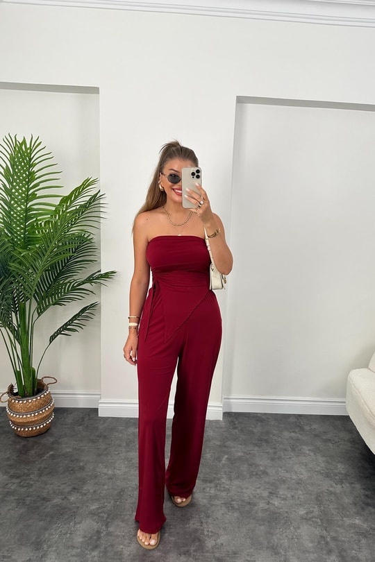 Palazzo Straplez Bluz Likralı Sanddy Takım Bordo