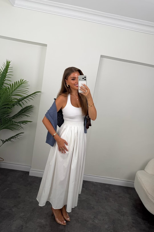Pamuk Poplin Maxi Boy Basic Etek Beyaz