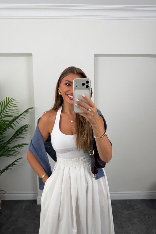 Pamuk Poplin Maxi Boy Basic Etek Beyaz