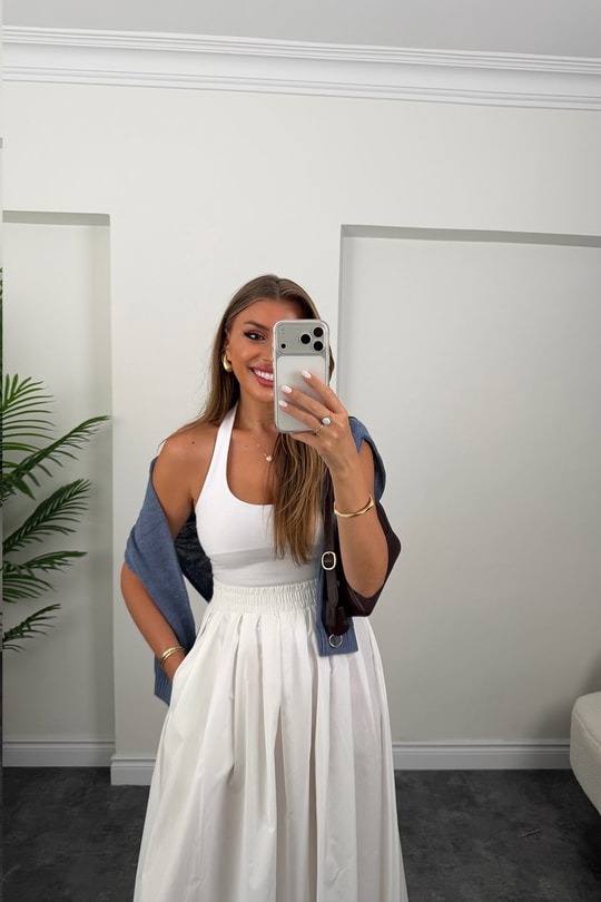 Pamuk Poplin Maxi Boy Basic Etek Beyaz