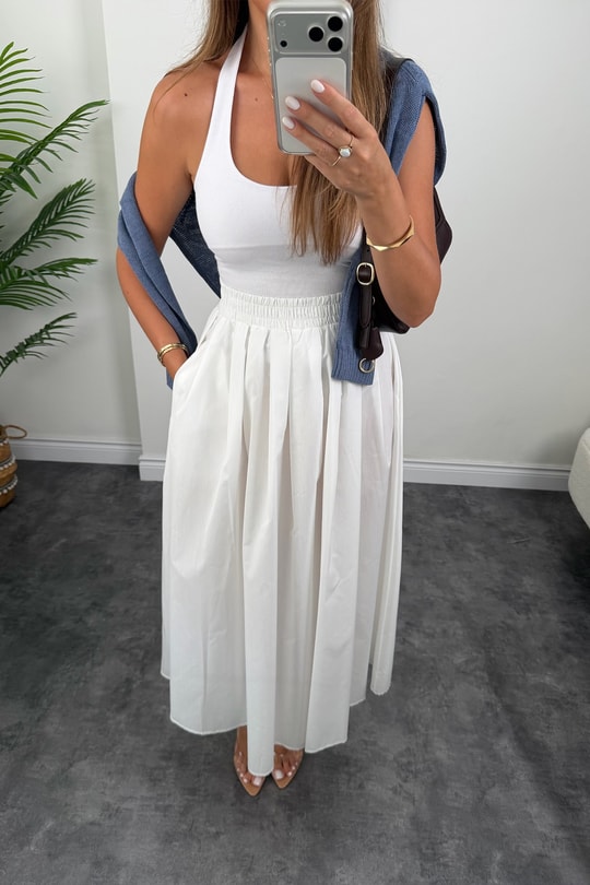 Pamuk Poplin Maxi Boy Basic Etek Beyaz