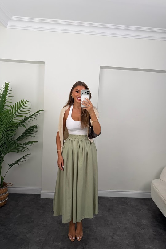 Pamuk Poplin Maxi Boy Basic Etek Haki