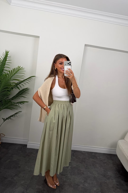 Pamuk Poplin Maxi Boy Basic Etek Haki