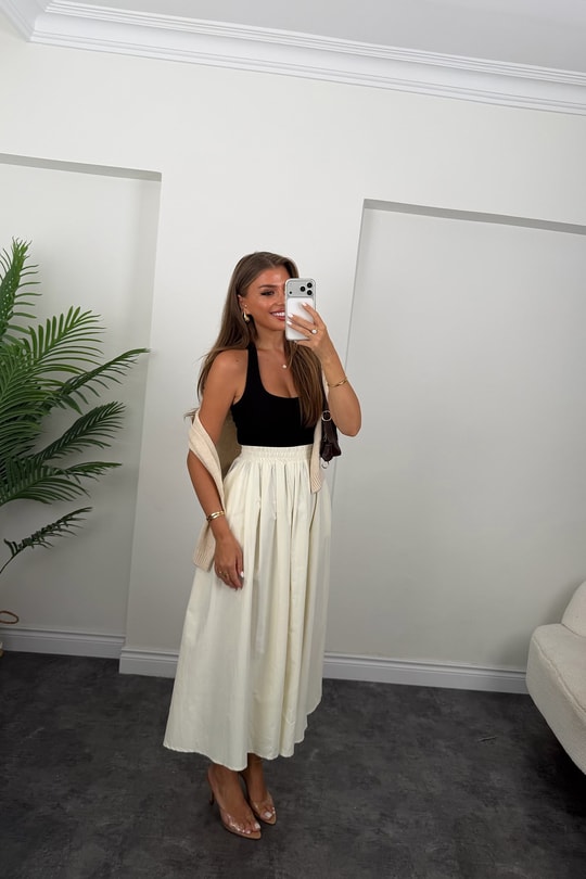Pamuk Poplin Maxi Boy Basic Etek Krem