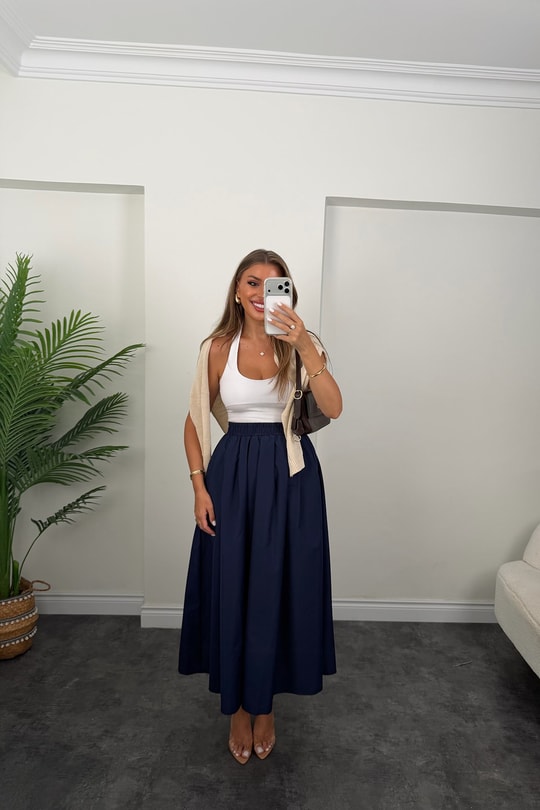 Pamuk Poplin Maxi Boy Basic Etek Lacivert 