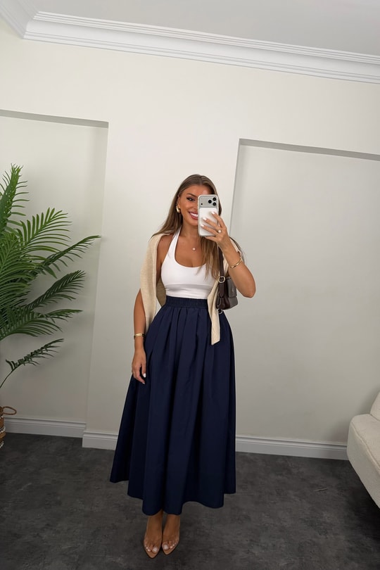 Pamuk Poplin Maxi Boy Basic Etek Lacivert 