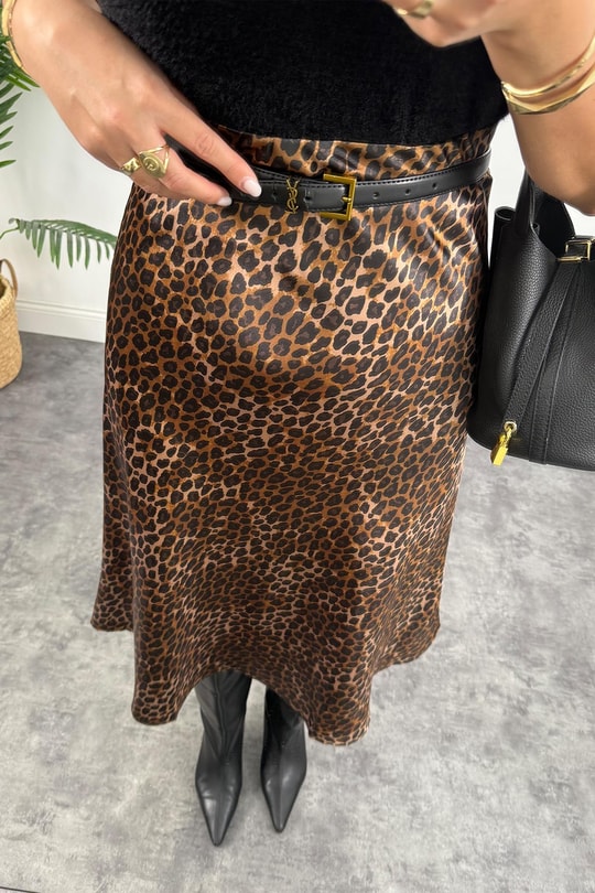 Pamuk Saten Beli Lastikli  Midi Boy Saten Etek Siyah Kahve Leopar 