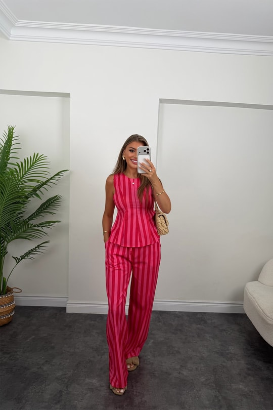 Pembe Çizgili Palazzo Bluz Peplum Takım