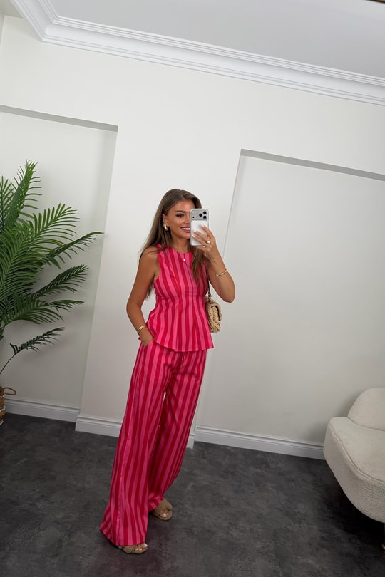 Pembe Çizgili Palazzo Bluz Peplum Takım