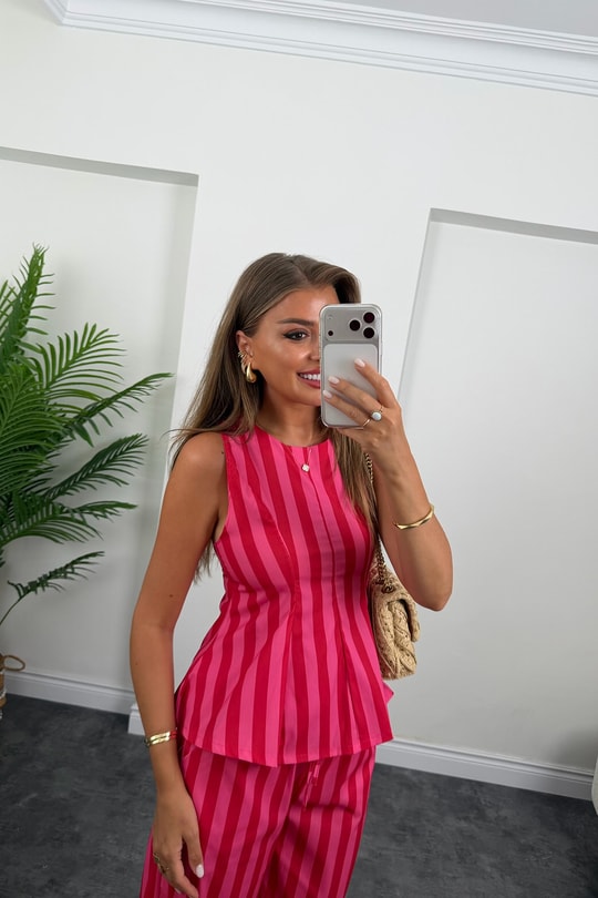 Pembe Çizgili Palazzo Bluz Peplum Takım
