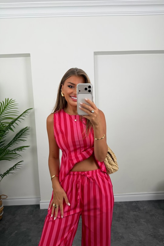 Pembe Çizgili Palazzo Bluz Peplum Takım