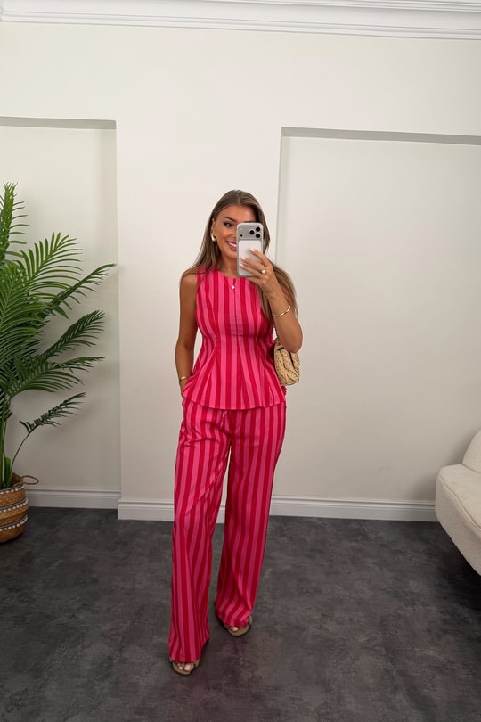 Pembe Çizgili Palazzo Bluz Peplum Takım