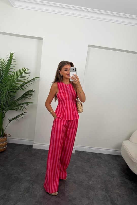 Pembe Çizgili Palazzo Bluz Peplum Takım