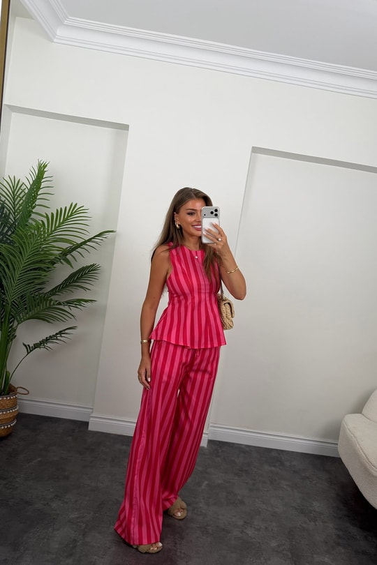 Pembe Çizgili Palazzo Bluz Peplum Takım