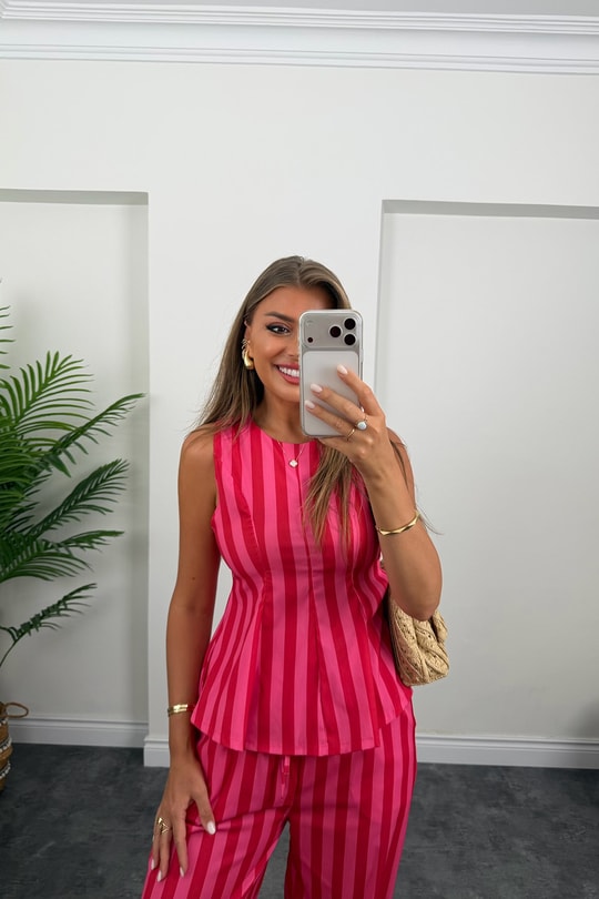 Pembe Çizgili Palazzo Bluz Peplum Takım